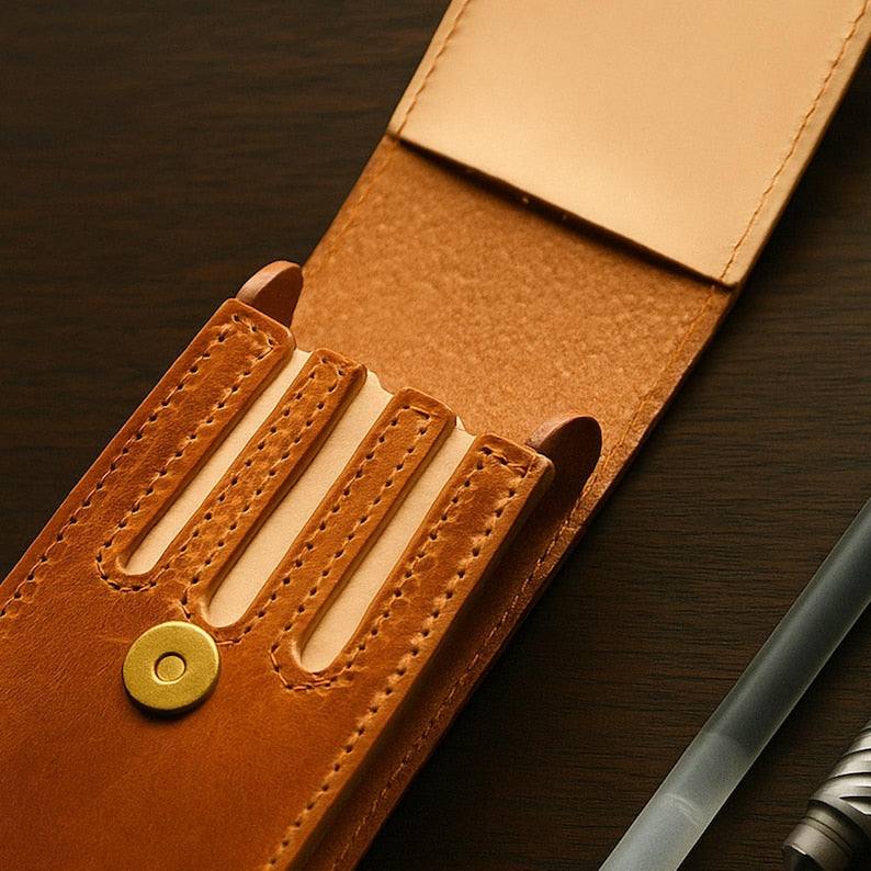 Personalized Leather Pen Case, Real Leather Pencil Cover, 3 Slot Fountain Pen Holder, Brown Leather Pouch, Custom Back-to-School Gift