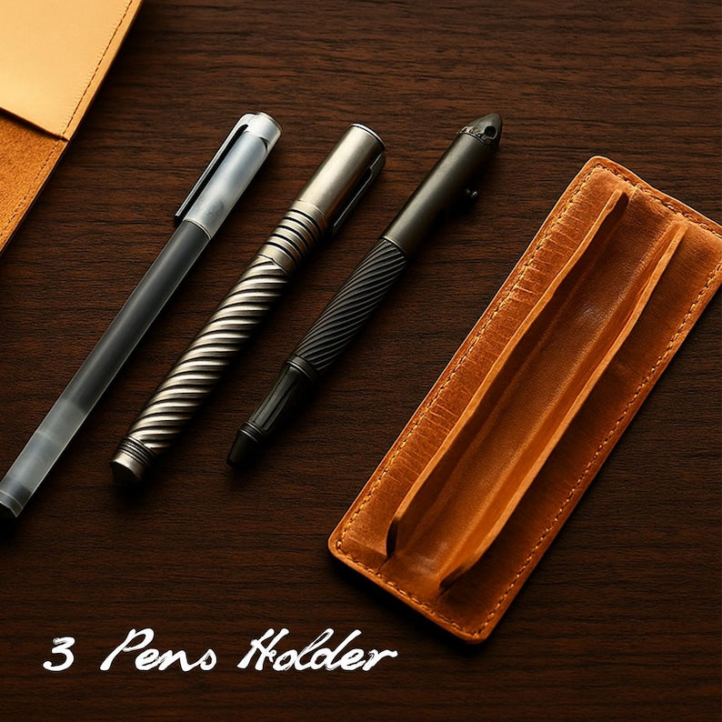 Personalized Leather Pen Case, Real Leather Pencil Cover, 3 Slot Fountain Pen Holder, Brown Leather Pouch, Custom Back-to-School Gift